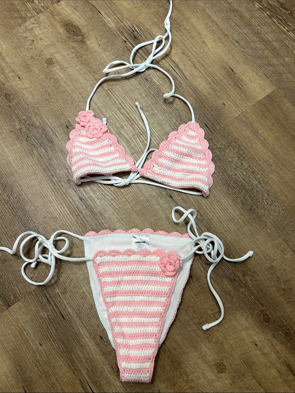 Edikted Pink & White Crochet Bikini Set with Flower Detail